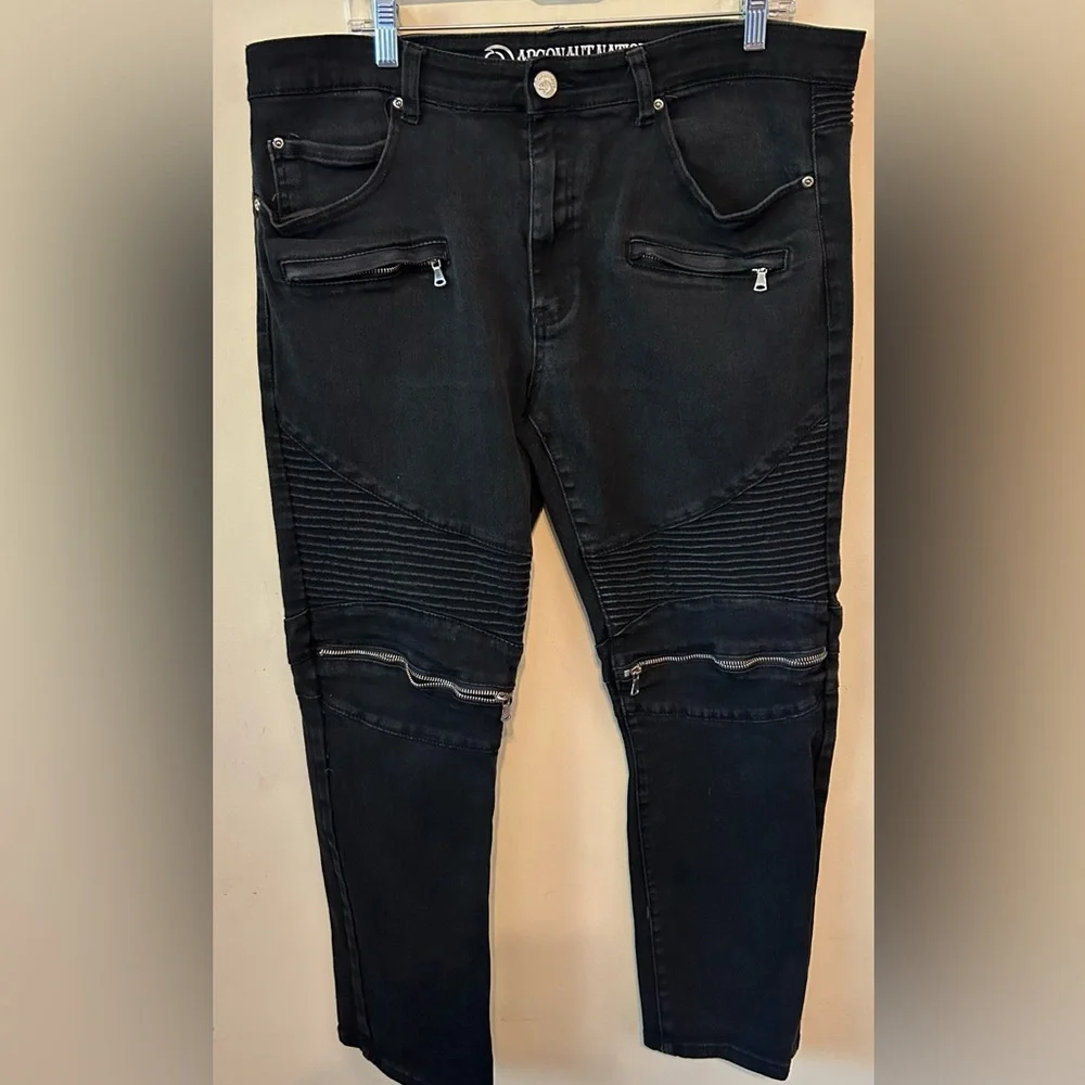 Argonaut Nation Mens Black Moto Zippers Denim Jeans Biker 42x32 Slim‎ Straight
